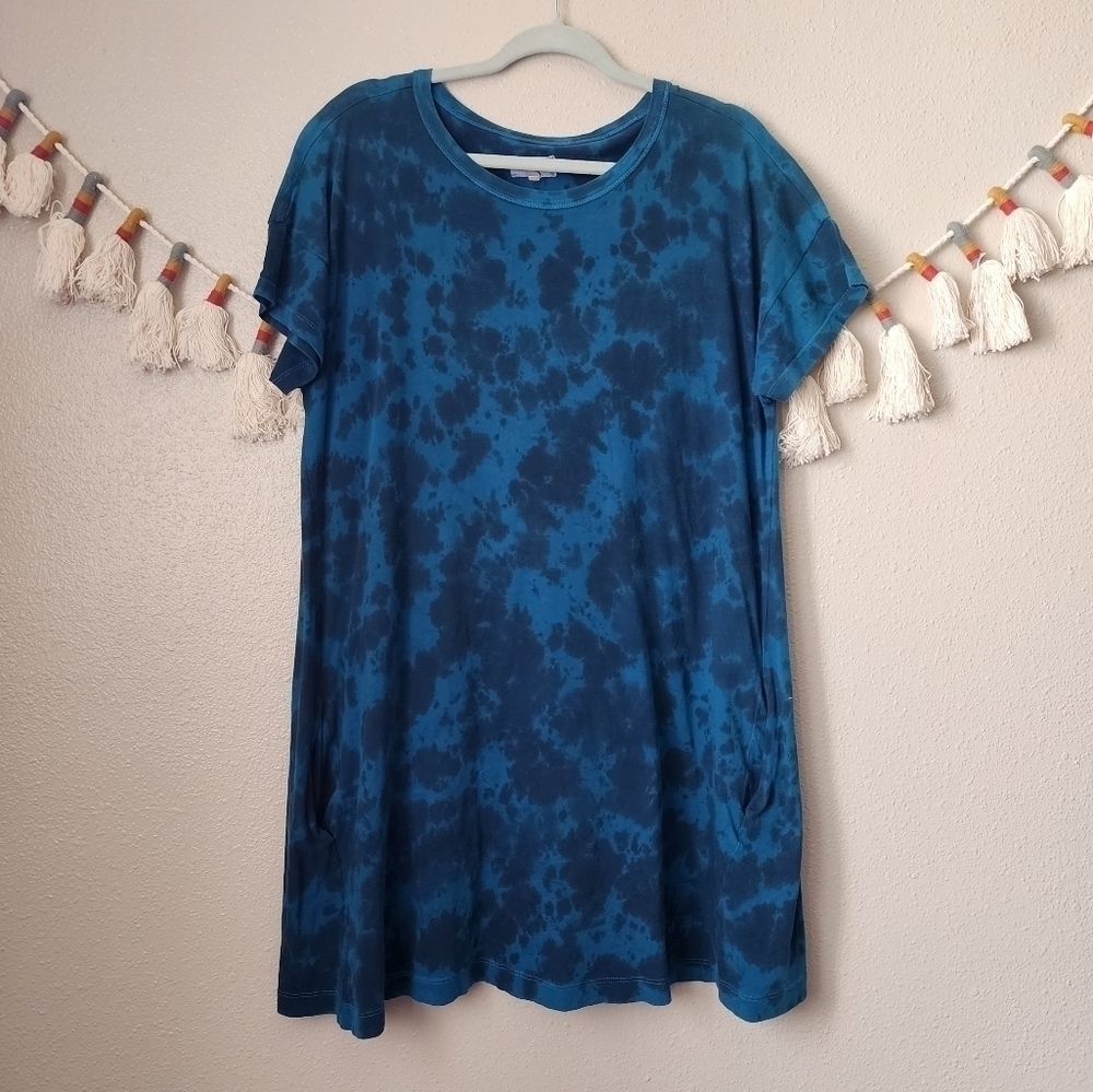 Lou & Grey Blue Tie Dye Flowy Short Sleeve Tshirt Dress Casual Comfort M